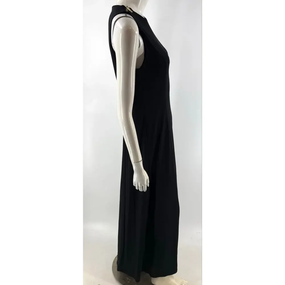 Michael Kors Womens Maxi Dress Size Small Black Gold Shoulder Zip Front Slit